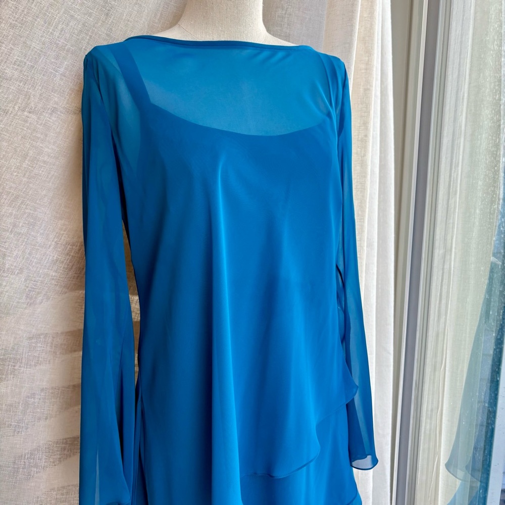 Vintage Cattiva tiered chiffon 2-piece bateau neck dress in teal blue - Picture 6 of 15